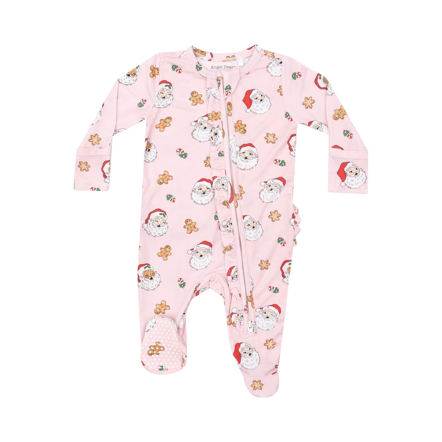 2 Way Zipper Ruffle Footie - Vintage Santas Pink