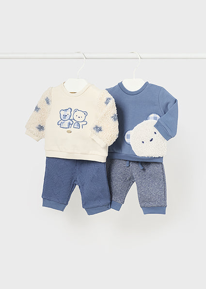 Blue Bear Knit Set- Fuzzy White