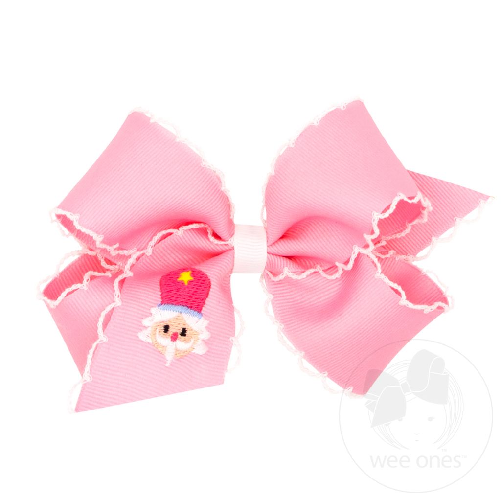 Medium Grosgrain Hair Bow with Moonstitch Edge and Holiday-themed Nutcracker Embroidery