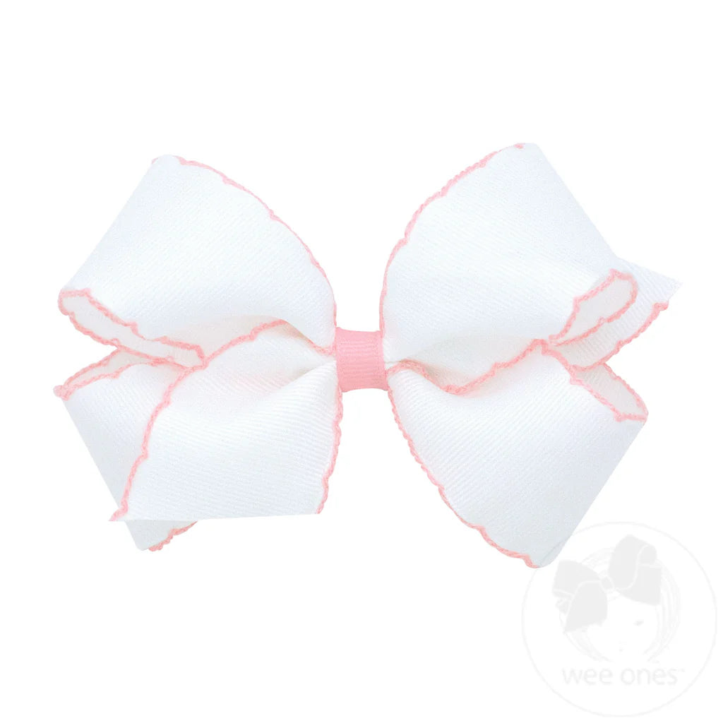 Medium Moonstitch Grosgrain Hair Bow- White and Light Pink