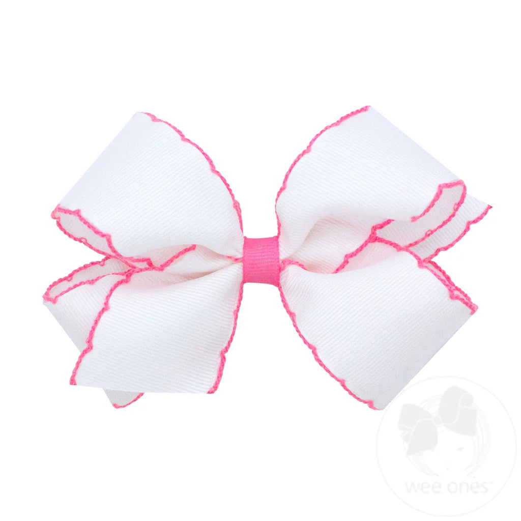 Medium Moonstitch Grosgrain Hair Bow- White and Hot Pink