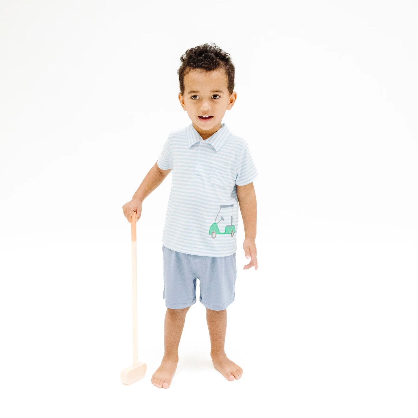 Polo Shirt with Applique and Muslin Short - Golf Blue Stripe