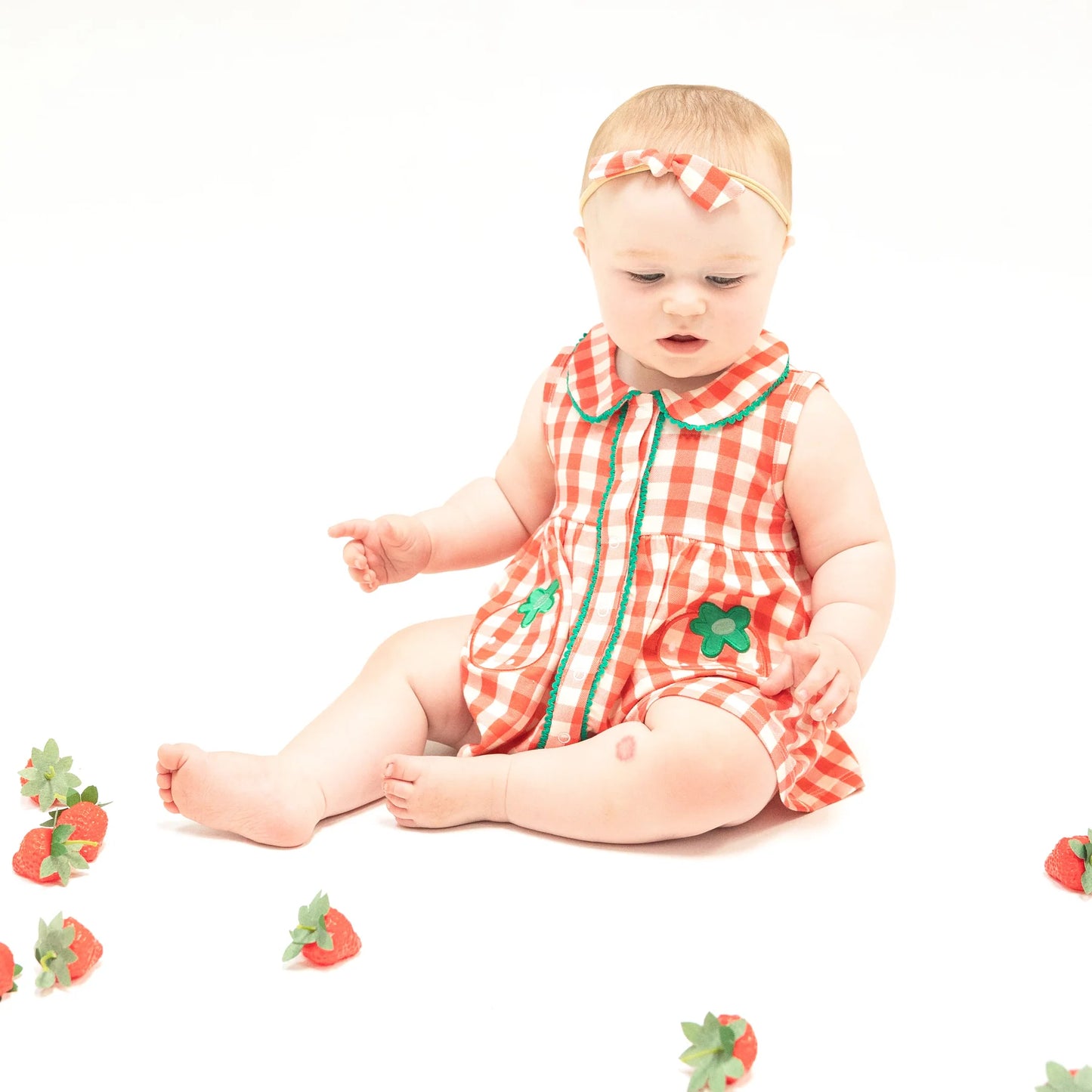 The Jill- Peter Pan Button Front Dress with Ric Rac Trim - Strawberry Gingham