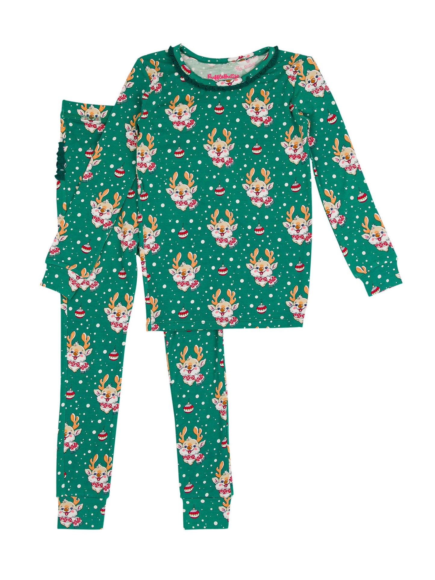 Toddler Girls Reindeer Cheer Bamboo Viscose Ruffle Long Sleeve Pajama Set