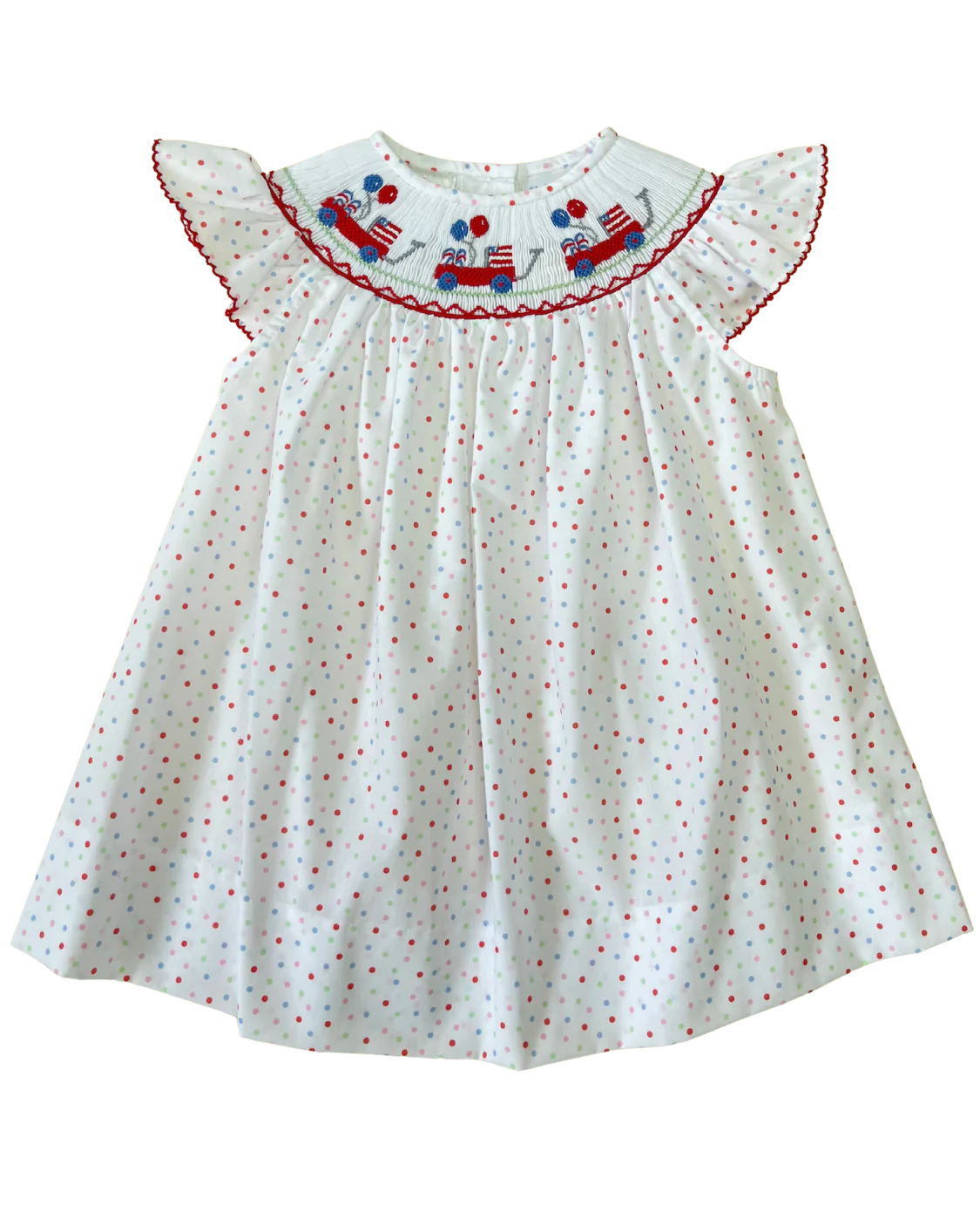 Patriotic Dots Smocked Wagons with Flags & Balloons