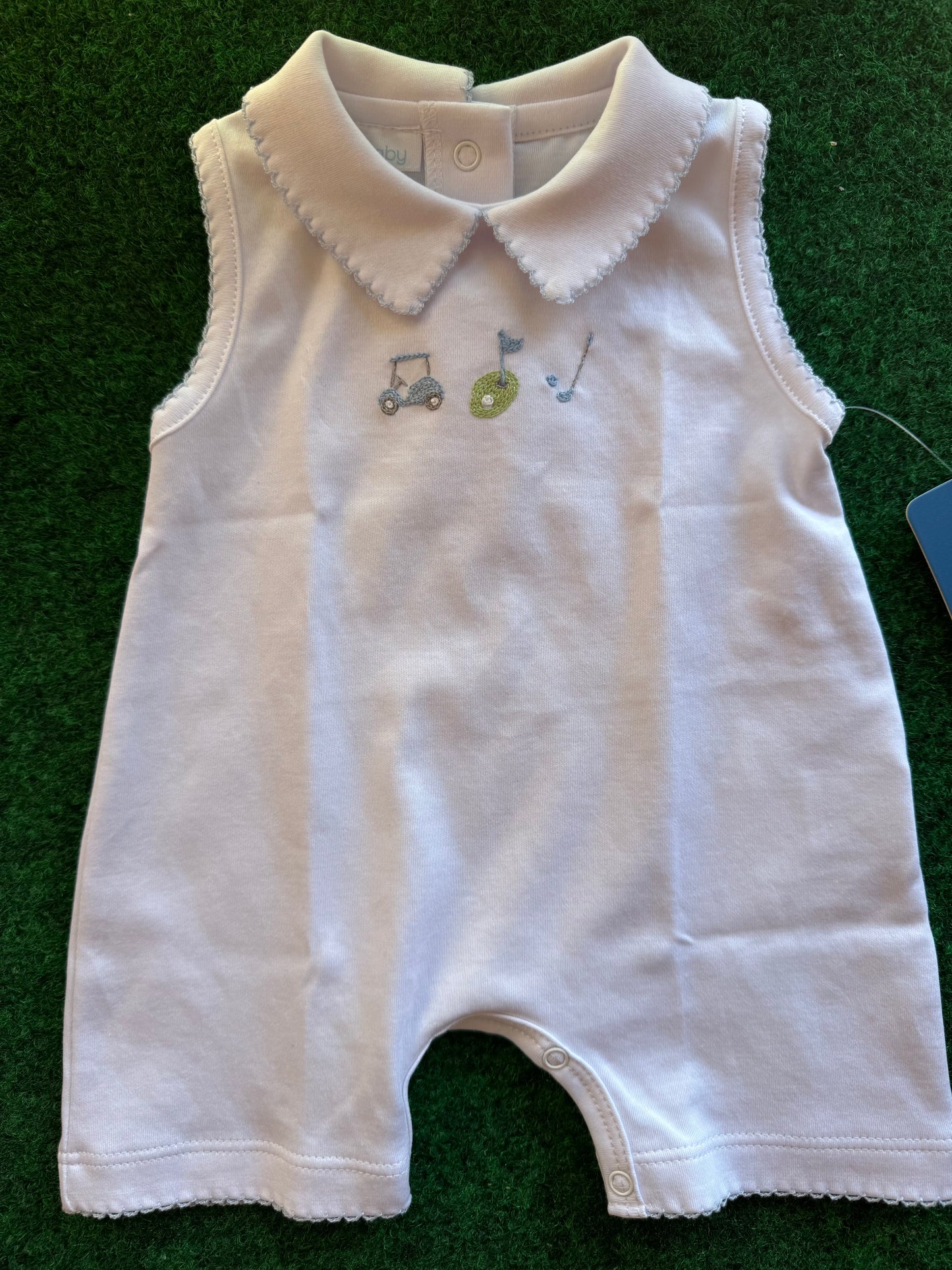 Tiny Tee Time Blue Embroidered Sleeveless Boys Bubble