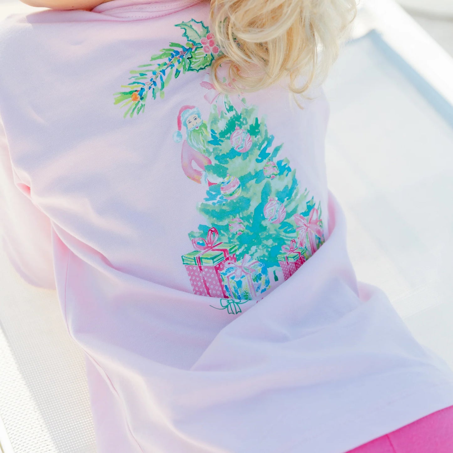 Girls Long Sleeve Logo Tee - Santa Tree on Pink