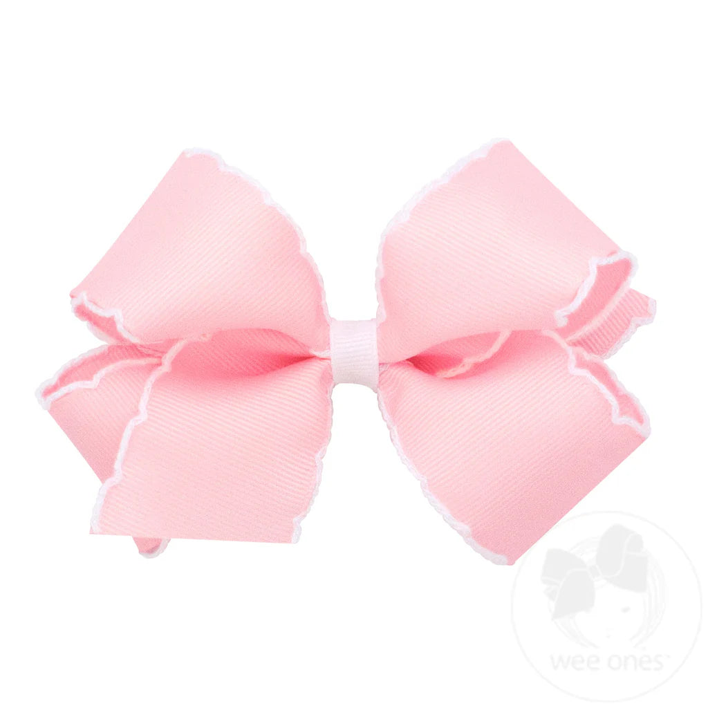 Medium Moonstitch Grosgrain Hair Bow- Light Pink with White