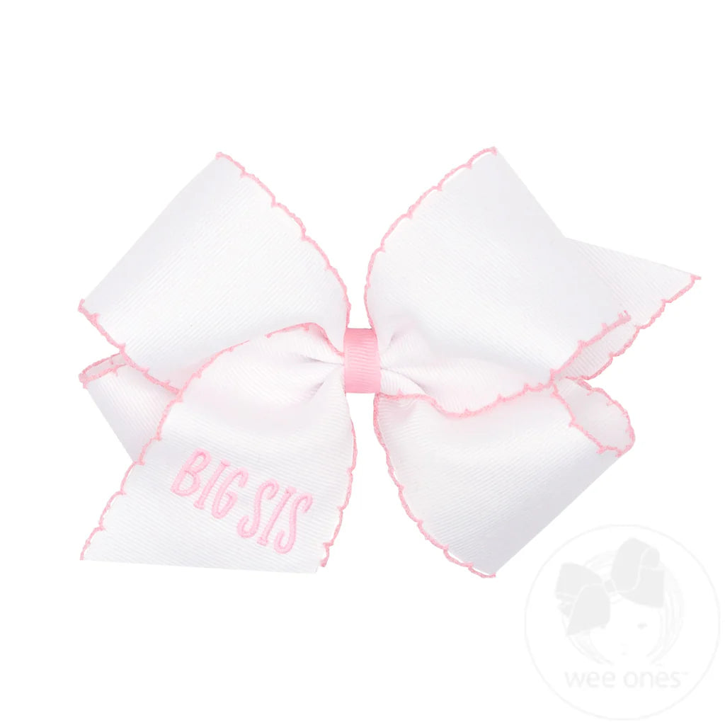 King Grosgrain Hair Bow with Millennium Pink Moonstitch Edge and "BIG SIS" Embroidery