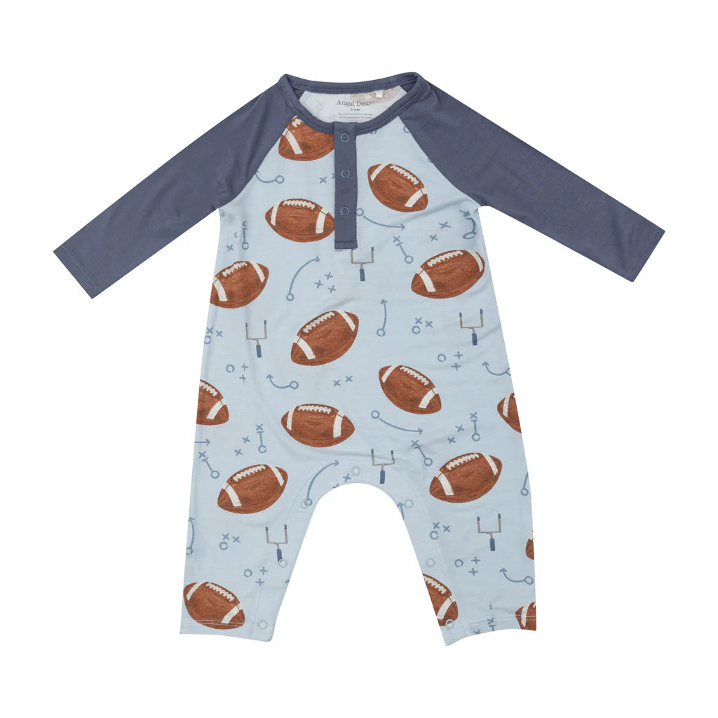Long Sleeve Raglan Romper - Footballs Blue