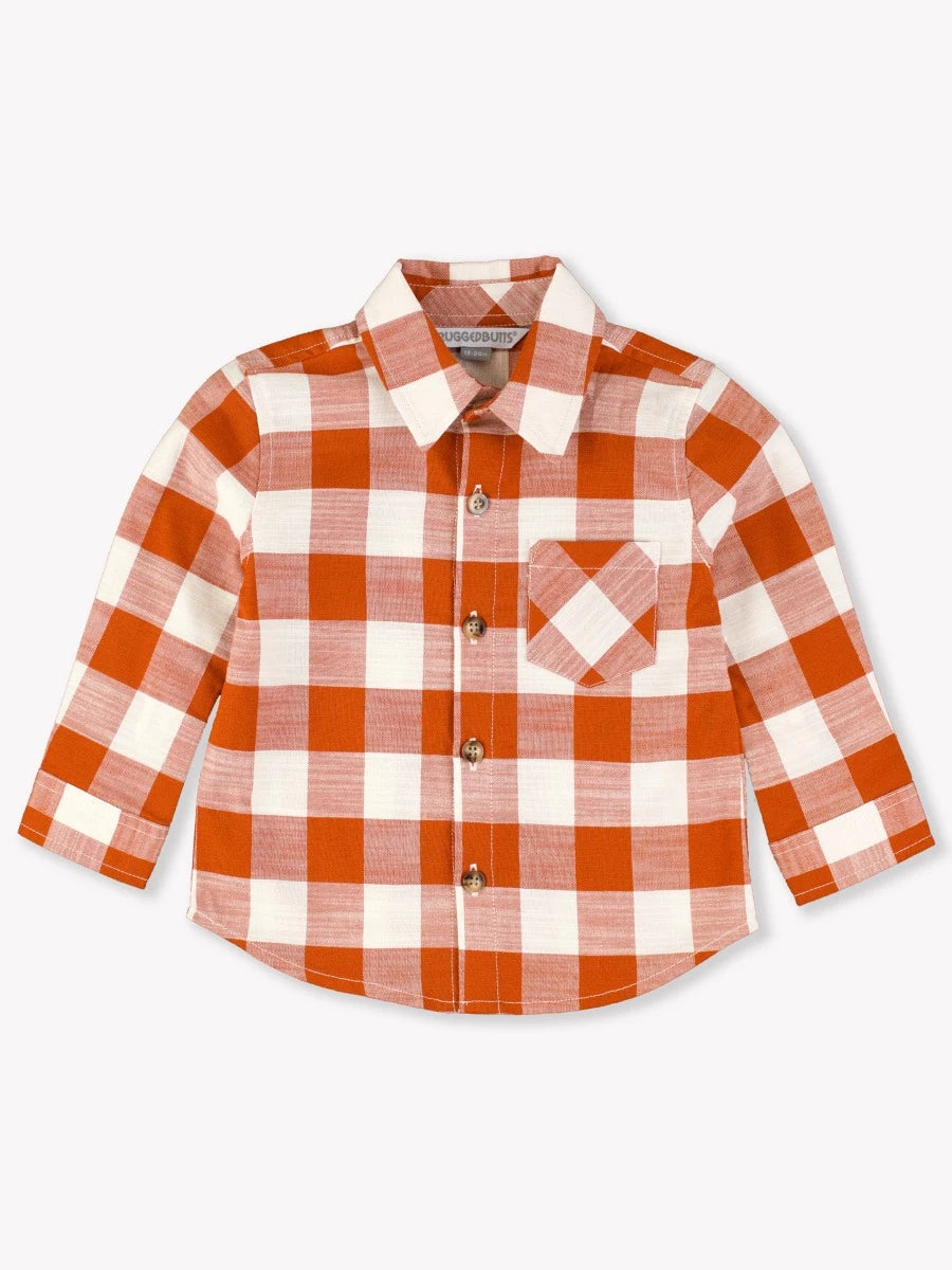 Long Sleeve Button Down Shirt- Rust Plaid