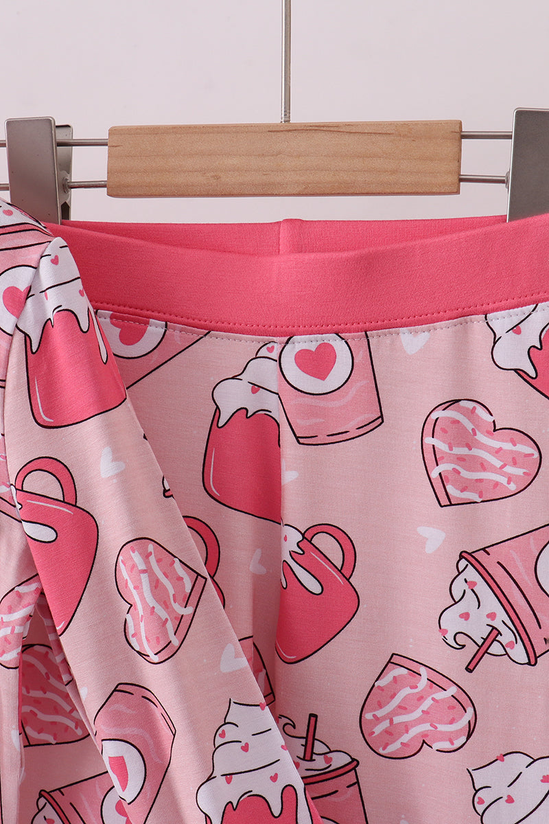 Pink heart Latte print bamboo pajama pants set