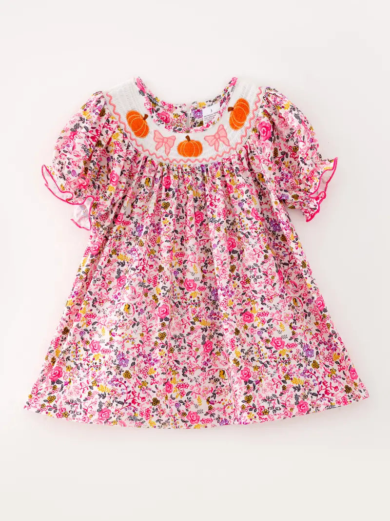 Pumpkin Embroidered Plaid Floral Smocked Dress