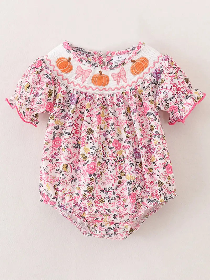 Pumpkin Embroidered Floral Print Smocked Bubble