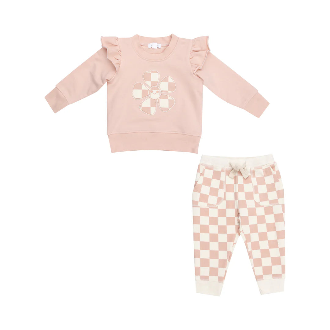 French Terry Checkerboard Pink Ruffle Patch- Sweatshirt & Jogger