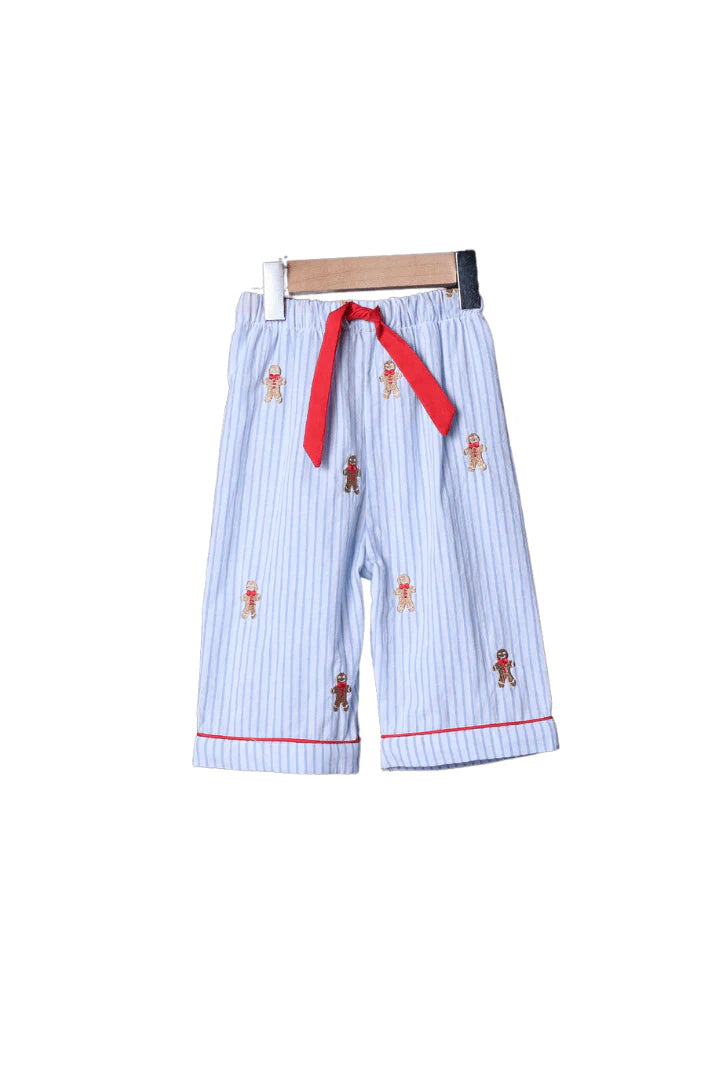 Embroidered Gingerbread Blue Pinstripe Pajama Pants