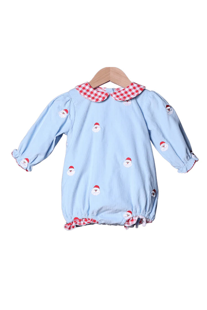 Embroidered Santa Blue Corduroy/Red Gingham Bubble