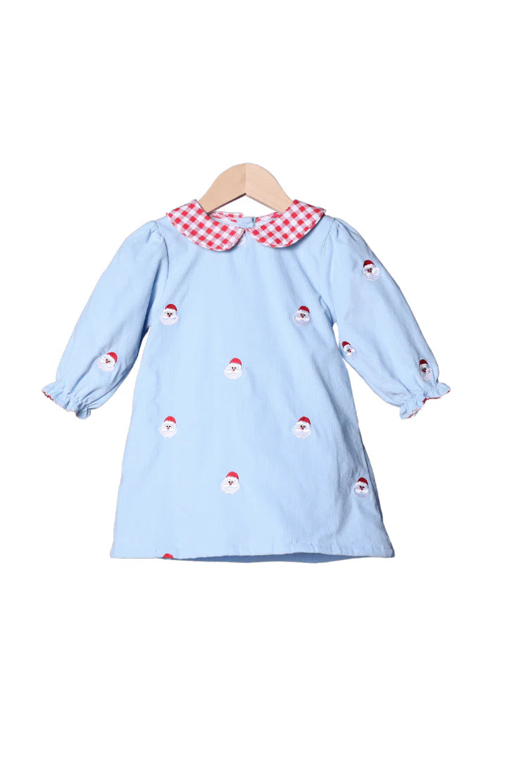Embroidered Santa Blue Corduroy/Red Gingham Dress