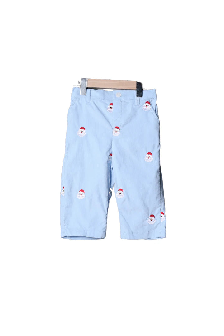 Embroidered Santa Blue Corduroy/Red Gingham Knit Pant Set