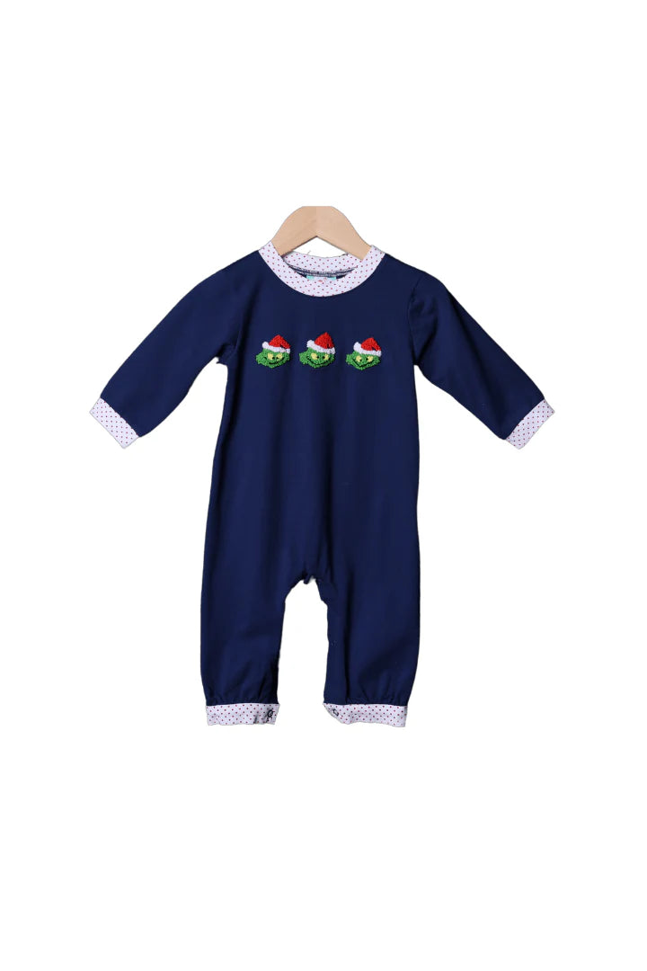 French Knot Grouch Navy Romper