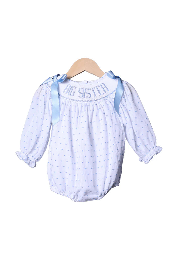 Smocked BLUE Swiss Dot Big Sister LONG Sleeve Bubble