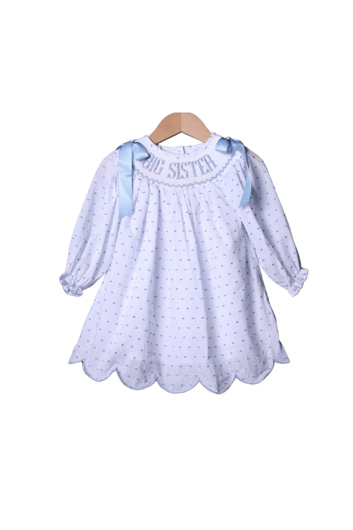 Smocked BLUE Swiss Dot Big Sister Long Sleeve Dress