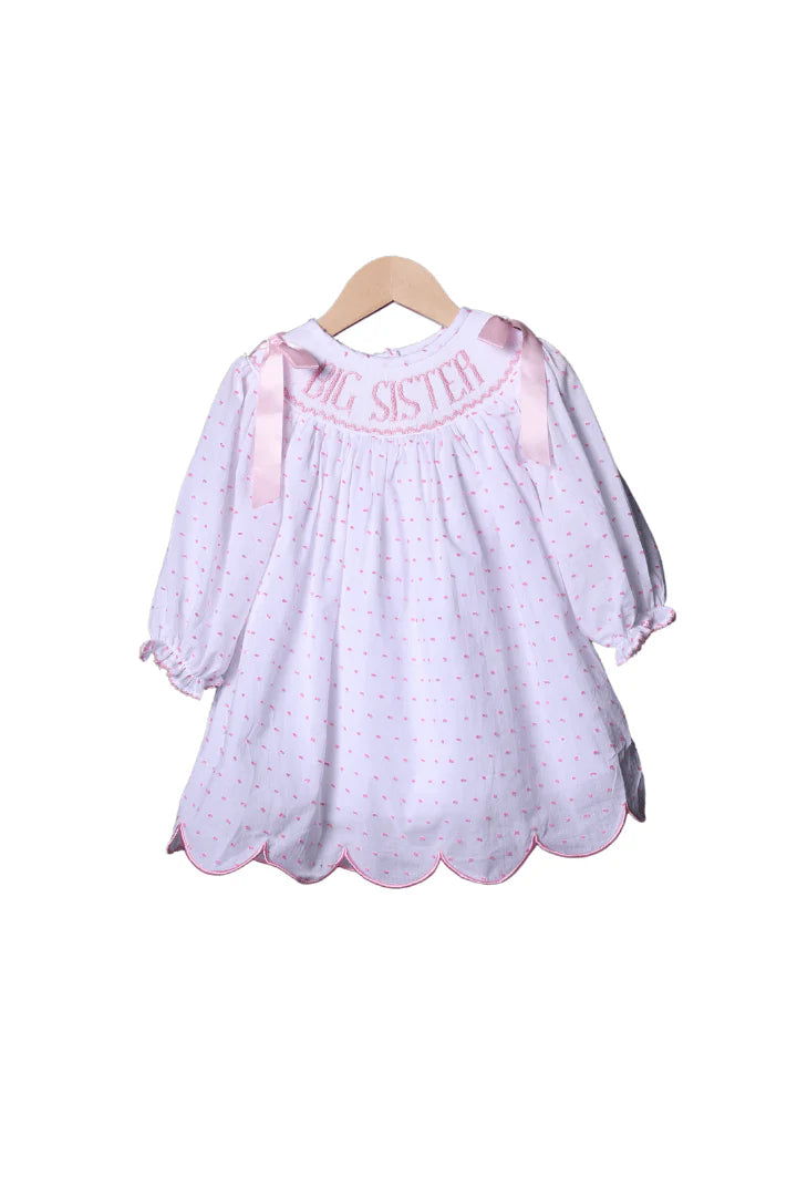 Smocked PINK Swiss Dot Big Sister Long Sleeve Dress
