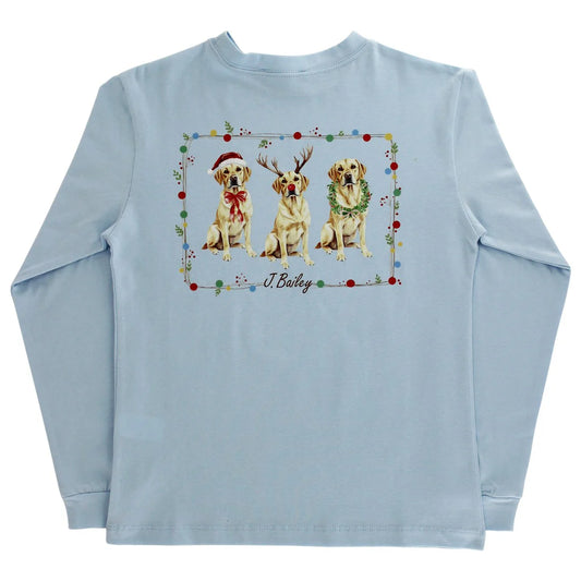 Boys Long Sleeve Logo Tee - Christmas Labs on Light Blue