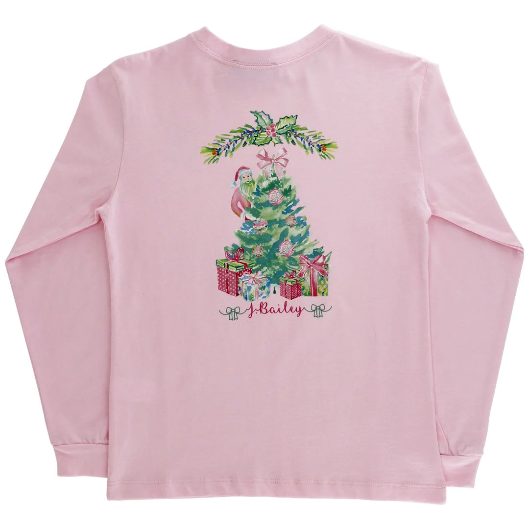 Girls Long Sleeve Logo Tee - Santa Tree on Pink