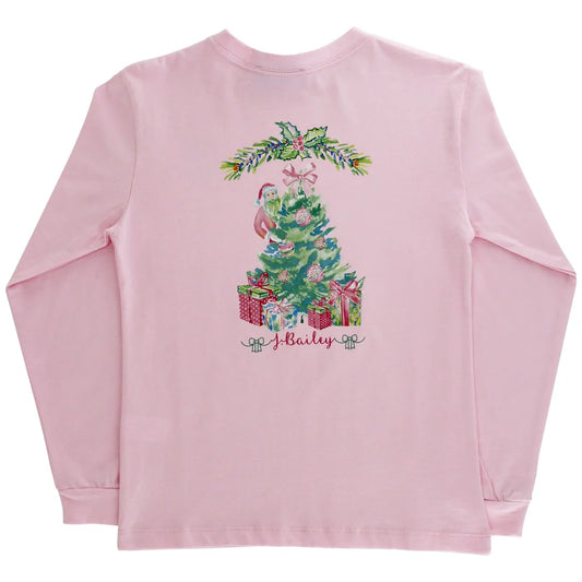 Girls Long Sleeve Logo Tee - Santa Tree on Pink