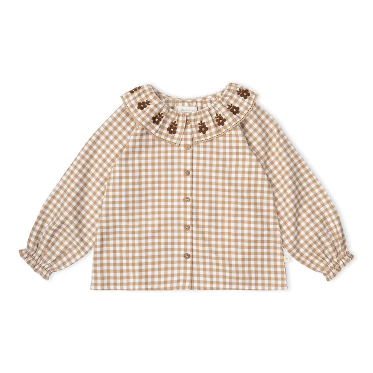 Organic Ruffle Button Top - Oat Gingham