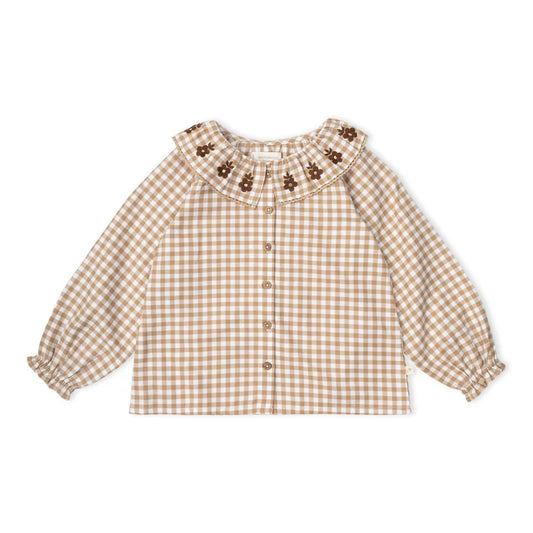 Organic Ruffle Button Top - Oat Gingham