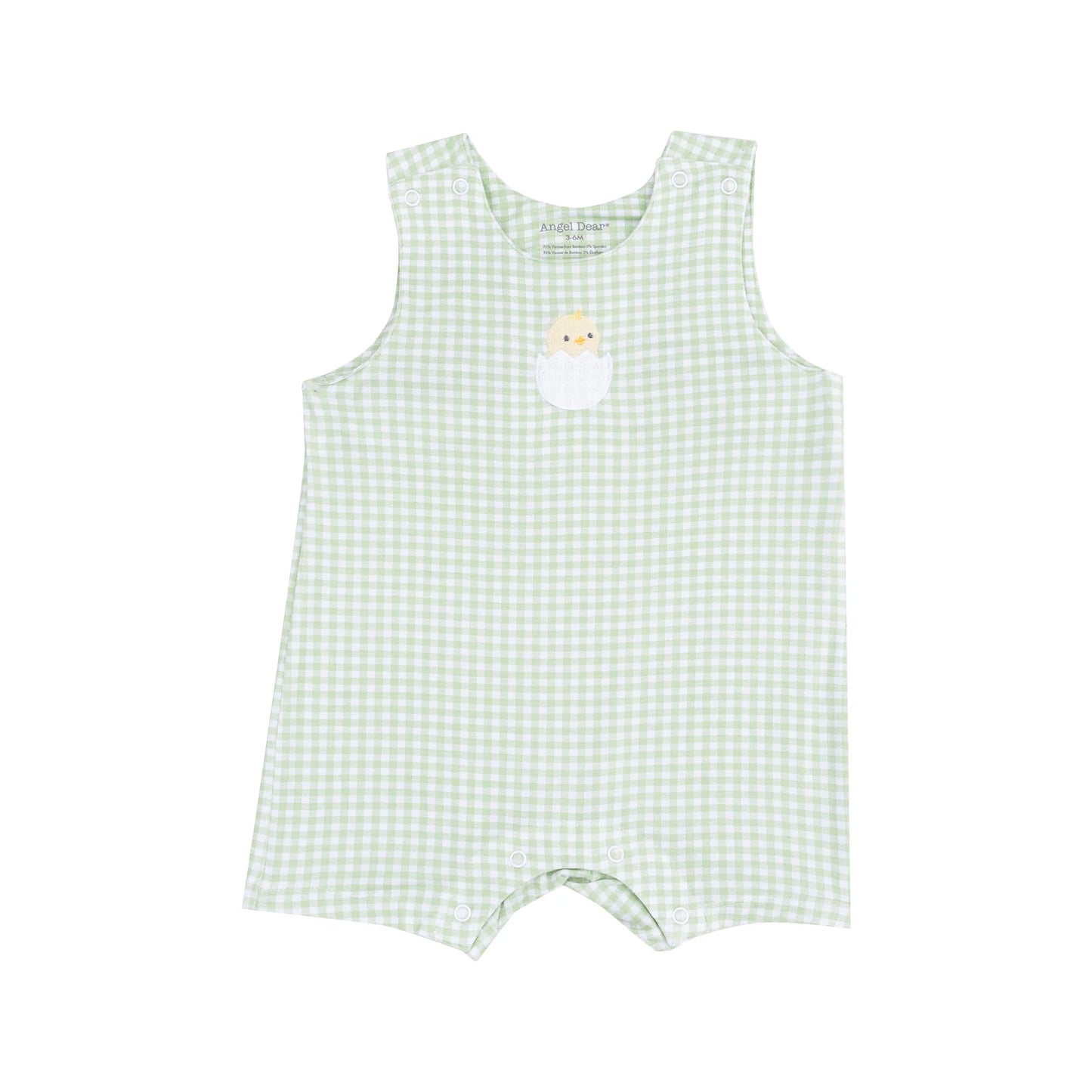 Sleeveless Shortie Romper with Baby Chick Applique - Mini Gingham Green