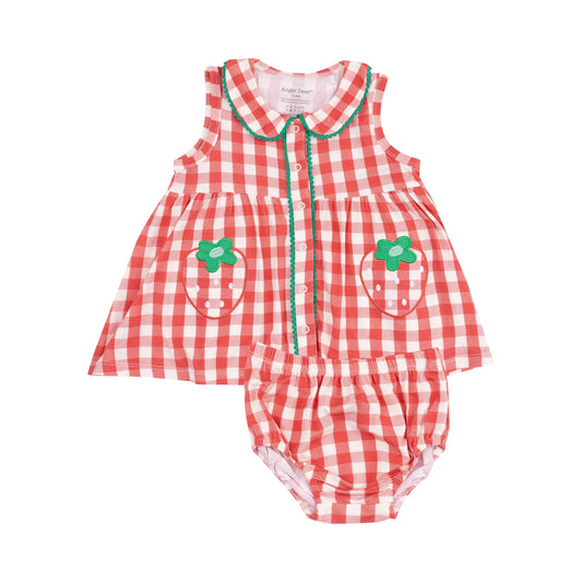 The Jill- Peter Pan Button Front Dress with Ric Rac Trim - Strawberry Gingham