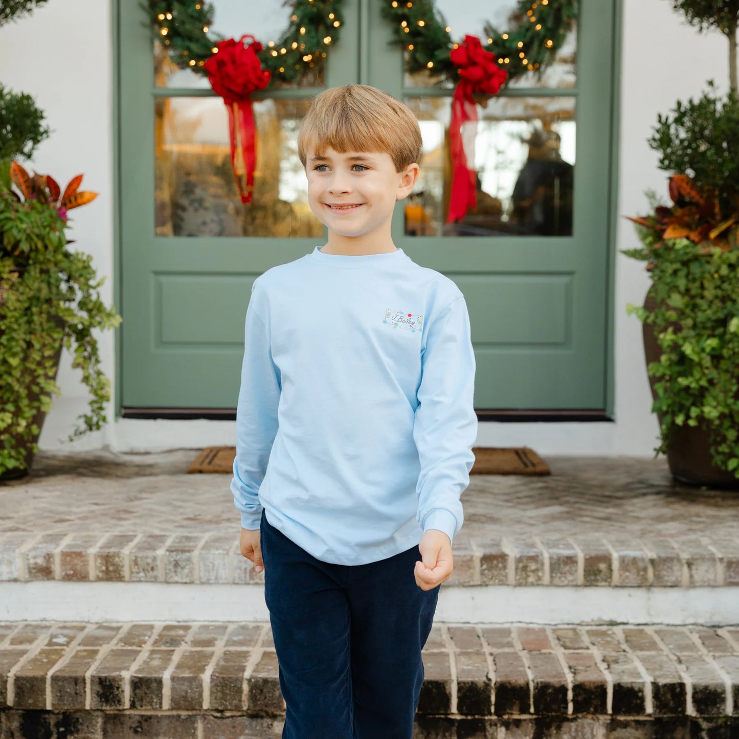 Boys Long Sleeve Logo Tee - Christmas Labs on Light Blue
