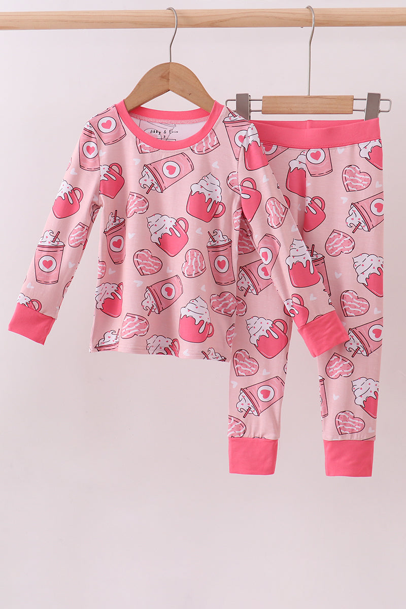 Pink heart Latte print bamboo pajama pants set
