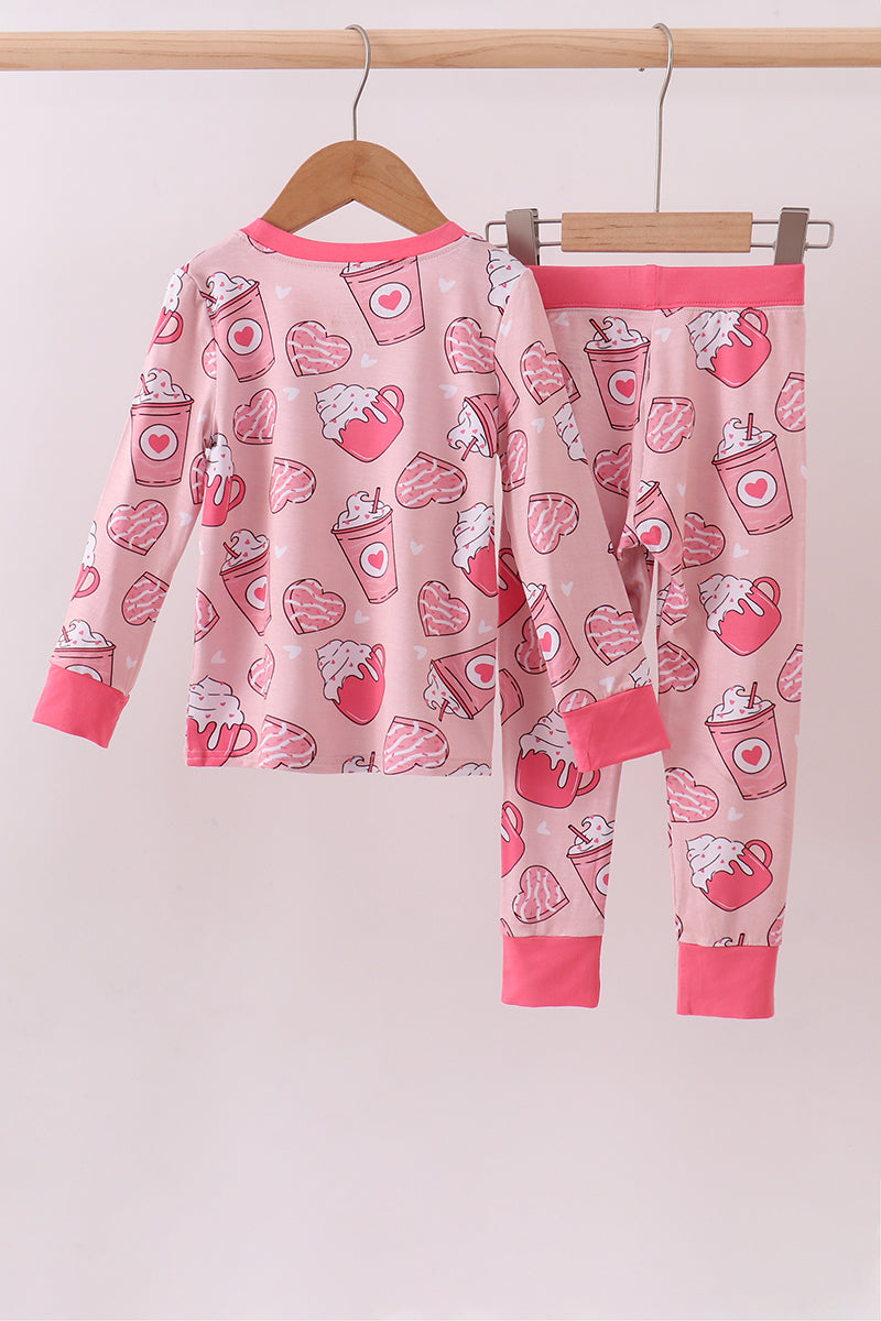 Pink heart Latte print bamboo pajama pants set