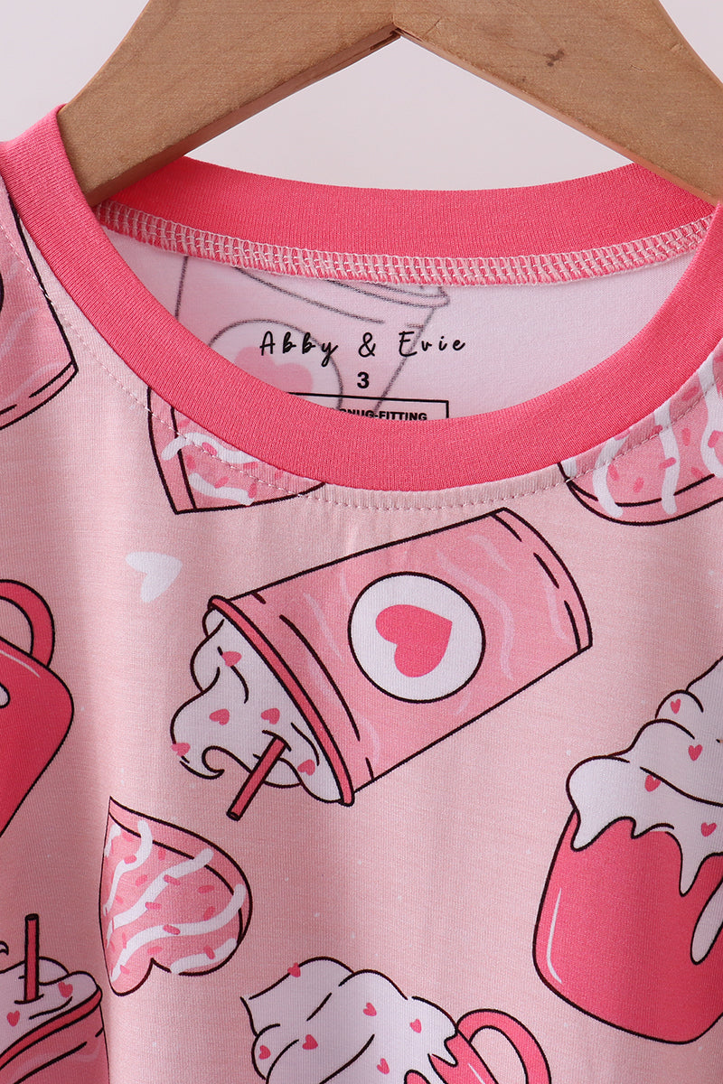 Pink heart Latte print bamboo pajama pants set