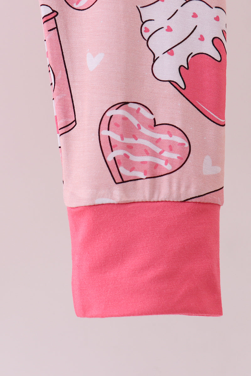 Pink heart Latte print bamboo pajama pants set